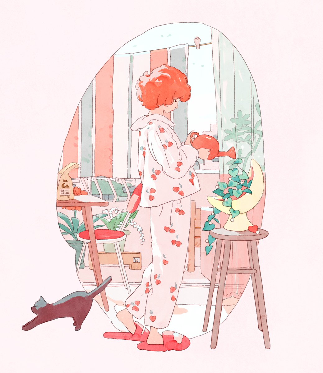cat 1girl plant short hair slippers long sleeves solo  illustration images