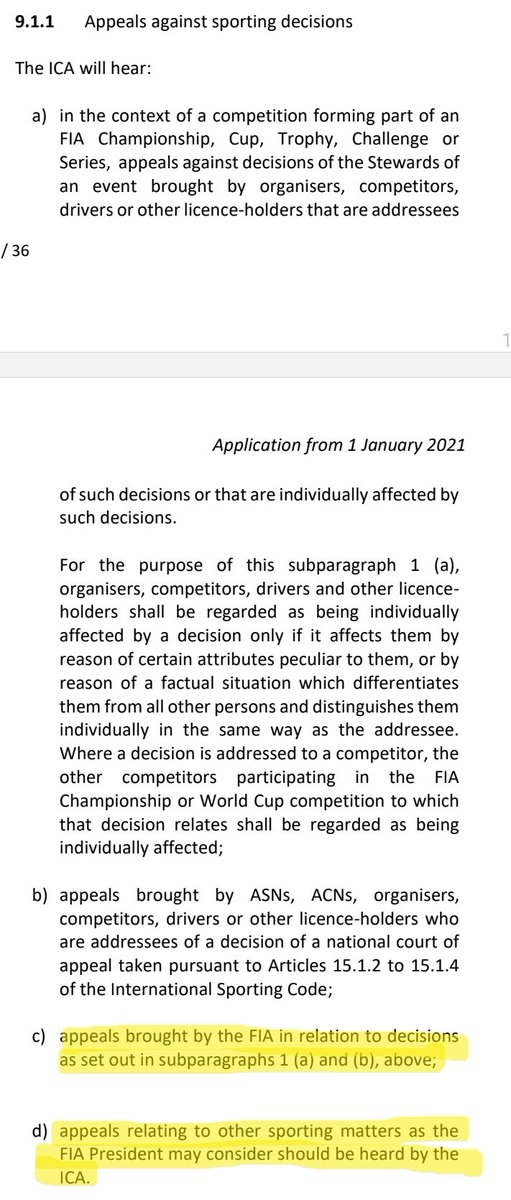 <a href="/fiagirly/">deni</a> If Toto wants Lewis to have an 8th #F1 WDC he needs to persuade <a href="/Ben_Sulayem/">Mohammed Ben Sulayem</a> to refer #AD2021 to ICA using presidential power under J&amp;D 9.1.1d.
The ICA ruling on RD misapplication of safety car in GT means 15.3 didn't allow Masi to ignore the process in the regs. #F1xed