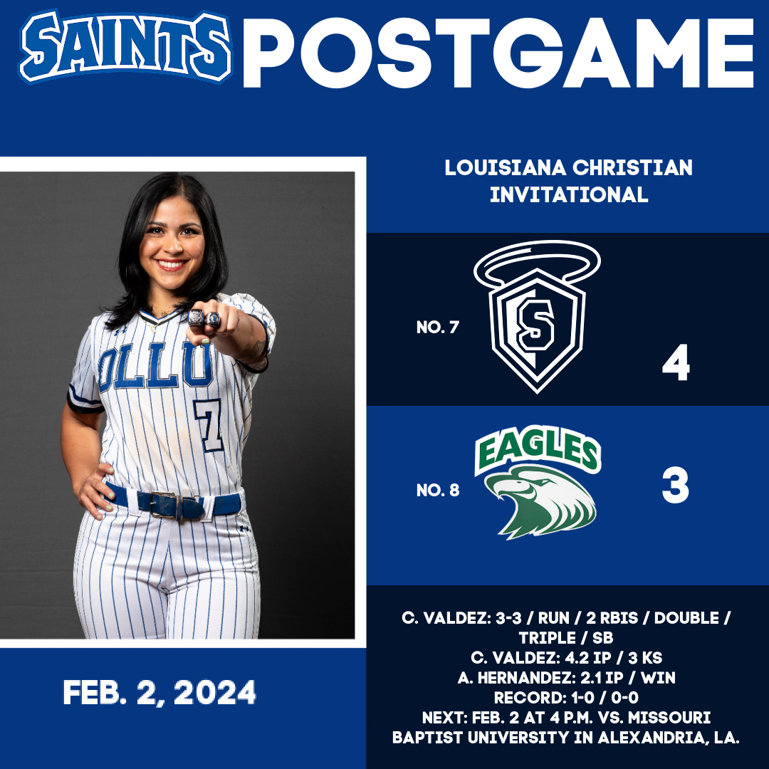 #SaintsPostGame: The No. 7 #OLLUSoftball defeated No. 8 Central Methodist 4-3 after a single from Ava Hernandez scored Cassandra Valdez in the bottom of the 7th. Full article will be up soon. #WingsUpSaints