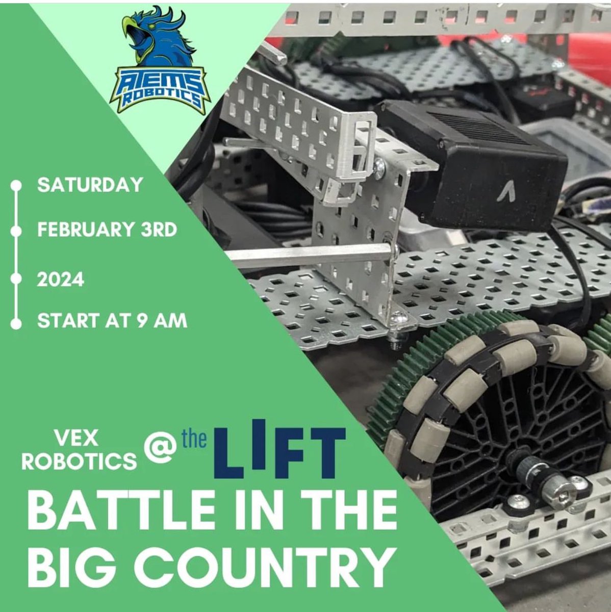 Come on out tomorrow to the LIFT to watch the Vex Robotics Battle in the Big Country! 35 teams from the west and north central parts of Texas will compete for an invitation to the Region 5 Texas state championship at the LIFT on Feb. 24th. Competition starts at 10:00am!