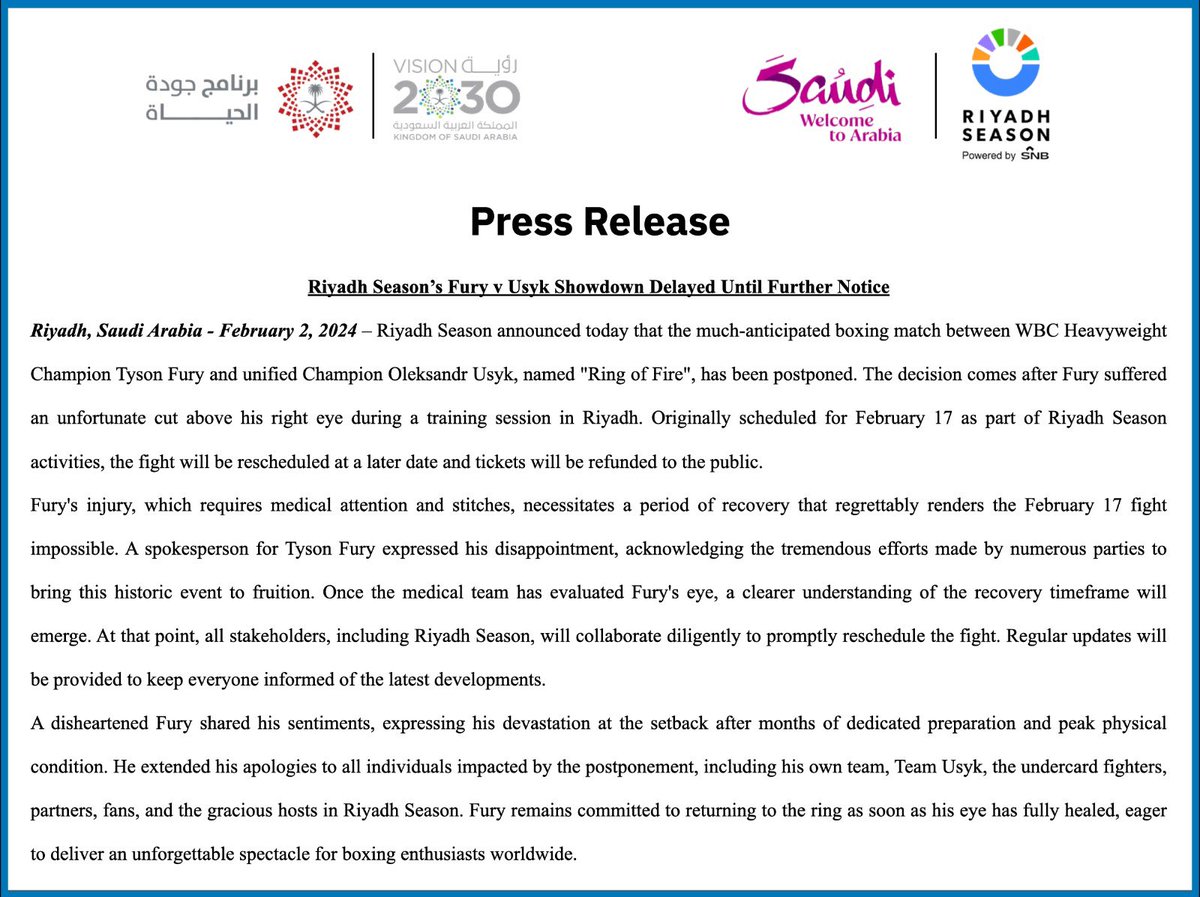 In light of Tyson Fury's unexpected injury, we're sending our best wishes for his swift and full recovery 🙏 
As a result, the eagerly awaited #RingOfFire heavyweight championship will be rescheduled 
Not to worry, your ticket refunds are on us ❤️ 

Stay tuned for further…