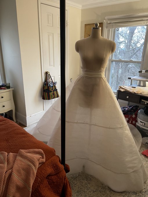 Update on my dress. Took a while to figure out the shape of the crinoline skirt but I'm still messing