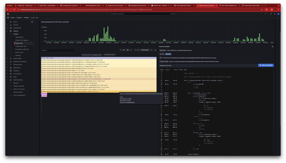 We've been working on a <a href="/github/">GitHub</a>  integration for <a href="/grafana/">Grafana</a> <a href="/PyroscopeIO/">Pyroscope</a>. 

This is going help everyone understand where ressource is being consumed in your function. When you get the flamegraph like below your next question is where in that function ?

github.com/grafana/pyrosc…