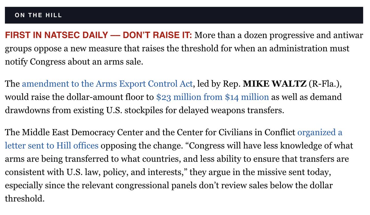 In @politico's NatSec Daily, @CivCenter & @POMED led a 17-organization statement opposing a bill from Rep. Waltz to undermine oversight and accountability for US arms sales. It is scheduled for committee mark-up on Tuesday. politico.com/newsletters/na…