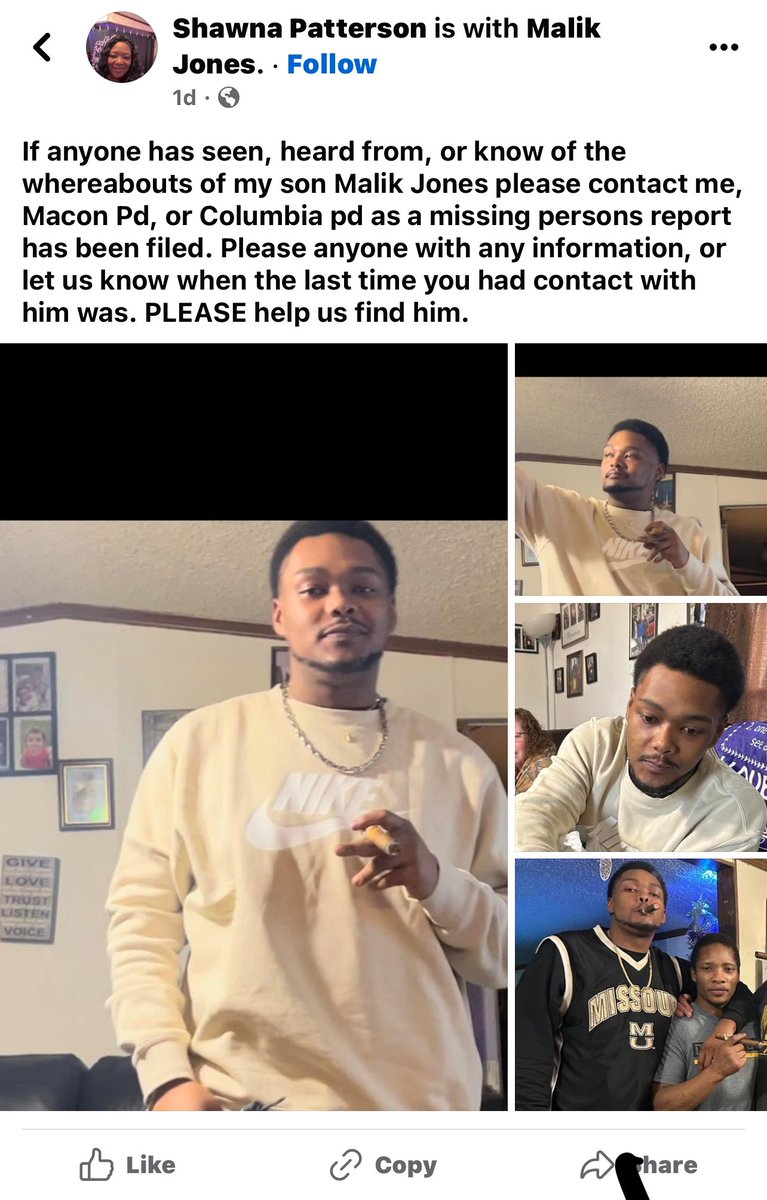 thotIing's tweet photo. PLEASE SHARE, REPOST ETC!!!!

MALIK JONES, age 25, is MISSING!! From Columbia, MO. phone last pinged/last seen around Columbia Mall!! 

https://t.co/jF5mmspnMI https://t.co/DtxGCdPsKq