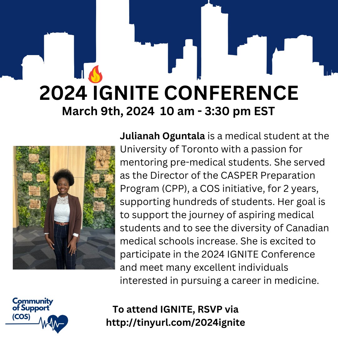 cos_uoft's tweet photo. We're officially ready to announce some of our speakers at this year's 2024 #IGNITEConference (RSVP https://t.co/k06wH2vHBw)!
Please welcome Julianah, a @uoftmedicine medical student, who served as the director for COS' CASPER Preparation Program! Read more about Julianah below! https://t.co/0xX33lu0RB