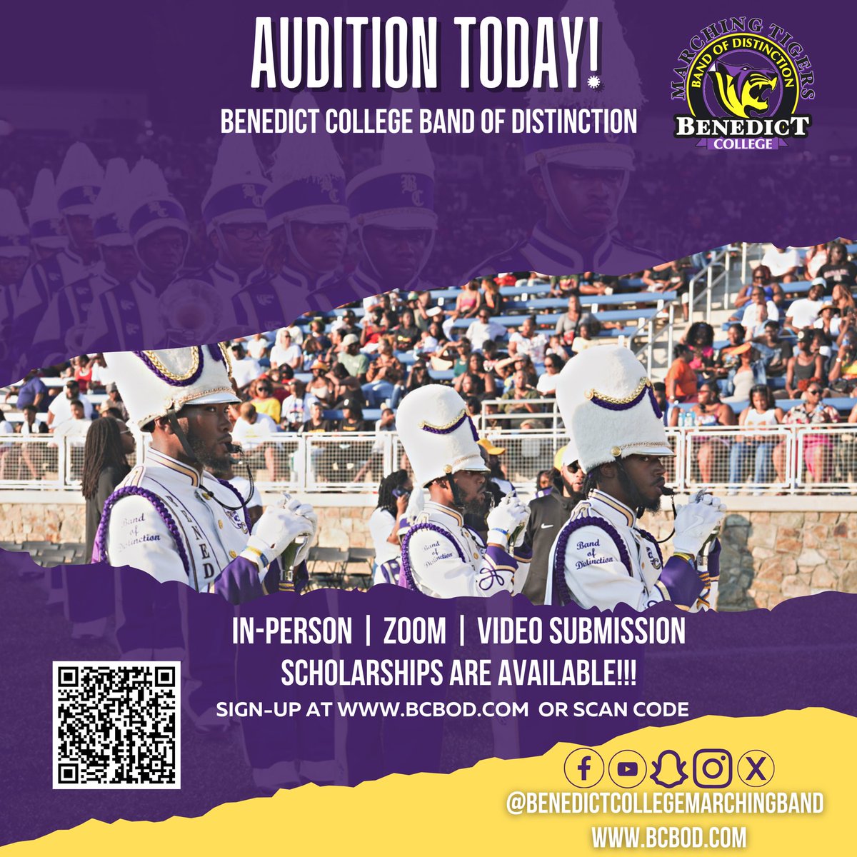 The Benedict College Band of Distinction is holding auditions for the 2024-25 Band Season. Wind Instruments, Percussion, and Auxiliary are all welcomed to audition. Visit bcbod.com and click “Audition Now” to schedule your audition now!