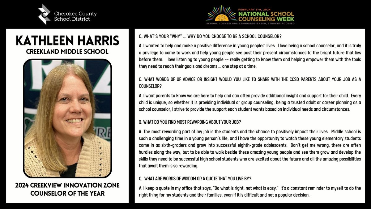 CherokeeSchools's tweet image. It’s National School Counseling Week ... the perfect week to announce CCSD’s 2024 Innovation Zone Counselors of the Year!  Stay tuned this week as we highlight each winner.  Thank you to all CCSD counselors for the impact you make in our community! #CCSDfam #CCSDcares #NSCW2024