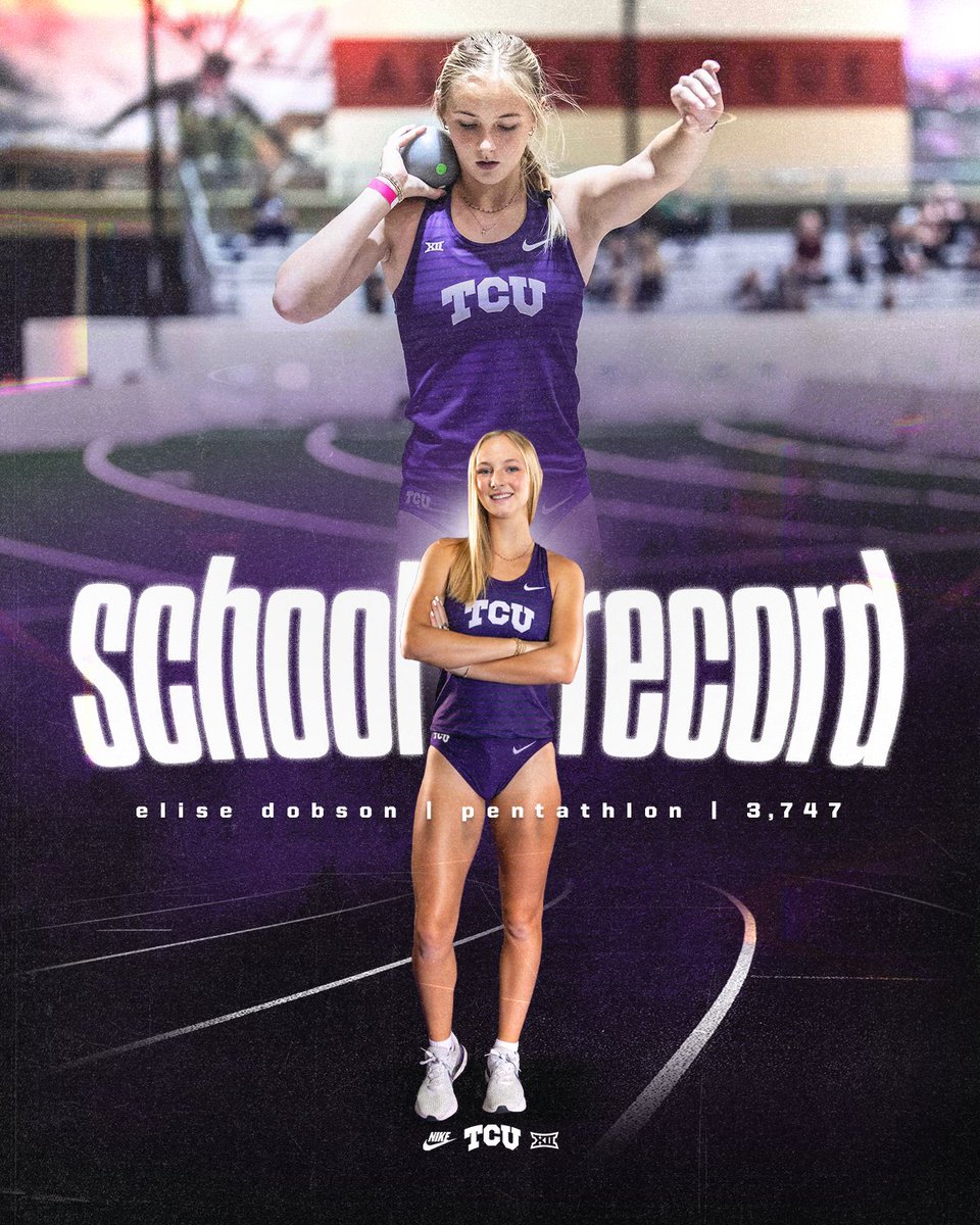 TCUTrackField's tweet photo. ⚡️ 𝐒𝐜𝐡𝐨𝐨𝐥 𝐑𝐞𝐜𝐨𝐫𝐝 ⚡️

Elise Dobson breaks her own school record in the pentathlon with 3,747 points!  

#GoFrogs | @DobsonElise https://t.co/Vdprt6wGL4