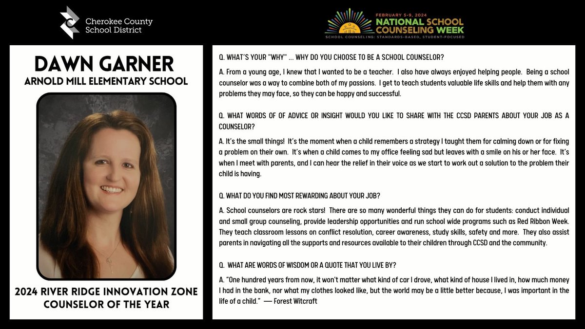 CherokeeSchools's tweet image. It’s National School Counseling Week ... the perfect week to announce CCSD’s 2024 Innovation Zone Counselors of the Year!  Stay tuned this week as we highlight each winner.  Thank you to all CCSD counselors for the impact you make in our community! #CCSDfam #CCSDcares #NSCW2024