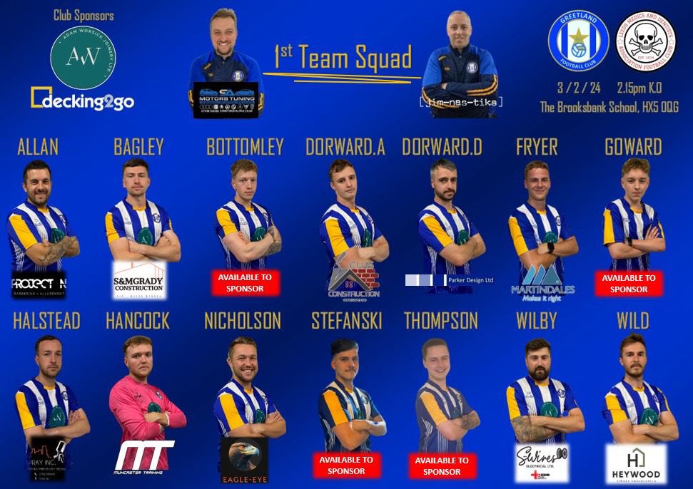 GreetlandFC's tweet photo. Our 1st’s host @leedsmedicsfc on Saturday hoping to continue their good form having won the last two matches. 

Thank you as always to our player and management sponsors for their support.

2:15pm KO @ Brooksbank. #GFC https://t.co/3LAYtafxj9