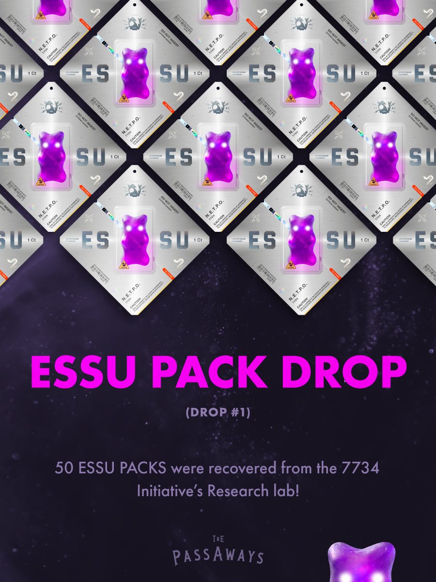 ESSU Pack Drop is live now!

50 available. 
2,900 $PLASM each.

One of three pieces to Transphorm your Passaway!

Get yours here:
passaways.com/tpmc/drop/3