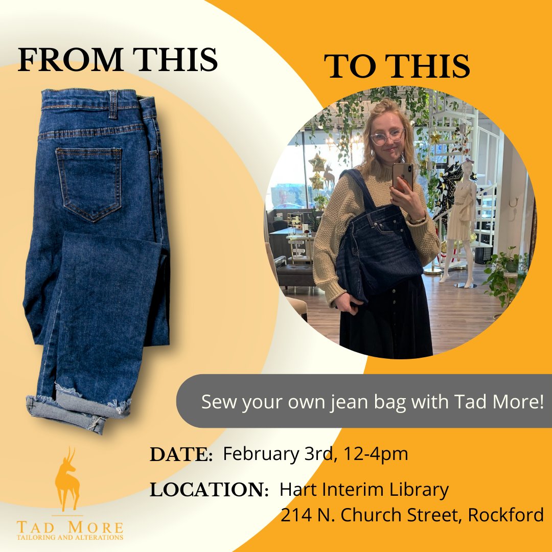 We can’t wait to see you tomorrow at our jean bag event! Bring you old worn out jeans or borrow one of our donated pairs to make a jean bag out of with our Tad More tailors! #onelesspair #rockfordil #rockford #gorockford #jeanbag #upcycling #tmtailor