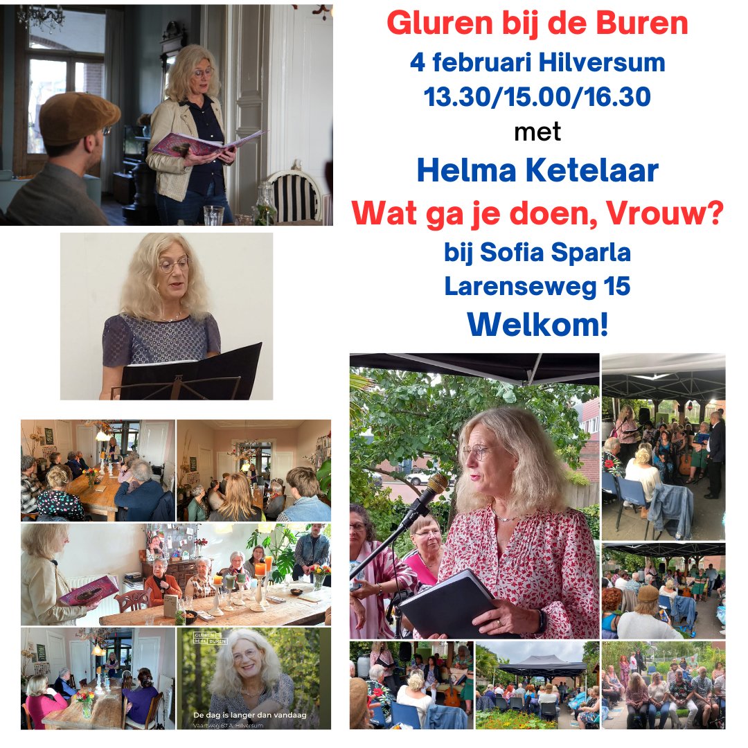 Weet je welkom aanstaande zondag bij @gluren #Hilversum.
Ik breng je 3 keer circa 30 minuten eigen poëzie.
Mijn host: @Sofiasparla Larenseweg 15 Hilversum!
#poëzie #glurenbijdeburen #dichteresdraagtvooruiteigewerk