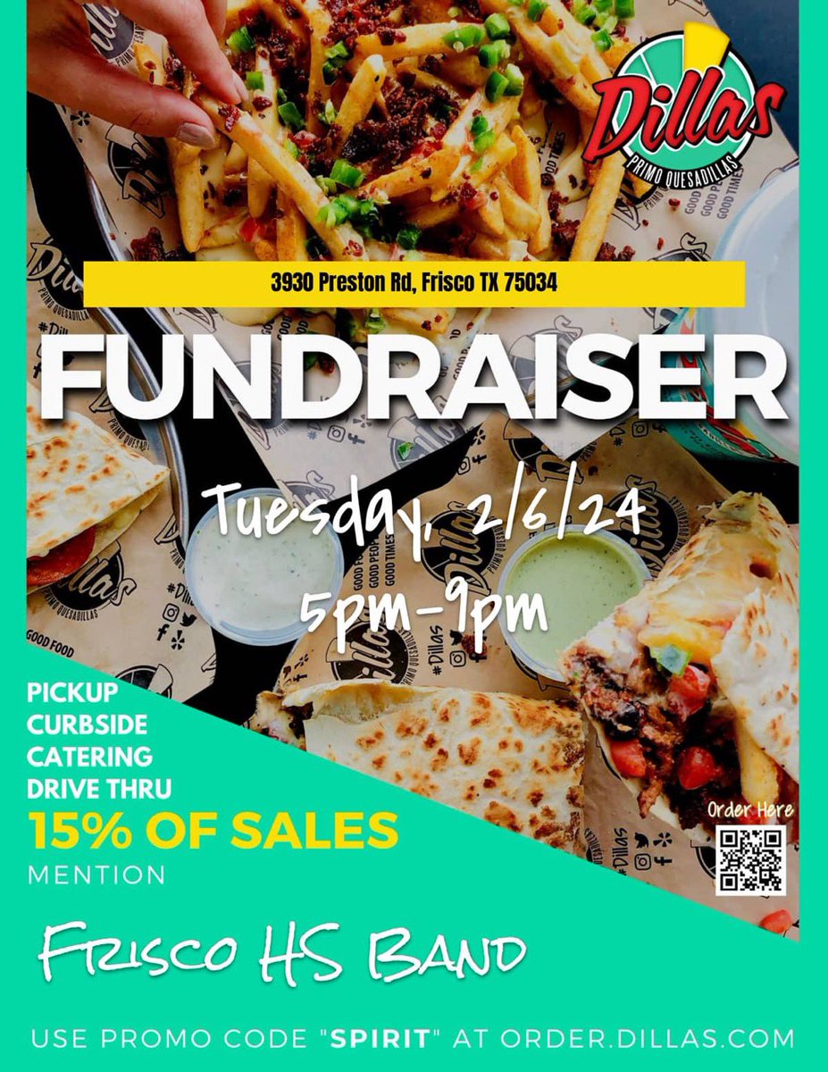FHSBandBoosters's tweet photo. SPIRIT NIGHT ALERT
Date: Tuesday 2/6/2024 5:00PM - 9:00PM
Location: Dillas
Address: 3930 Preston Road Frisco TX 75034 https://t.co/XlWxm3oW6I