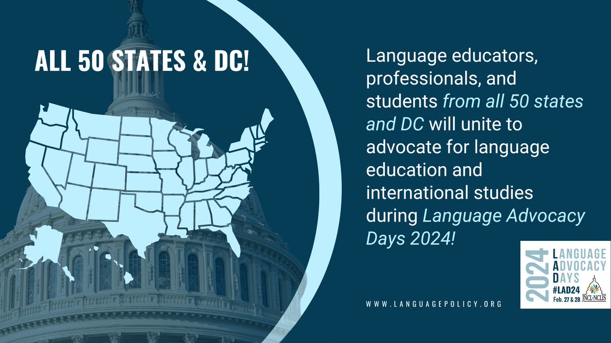 JNCLInfo's tweet photo. 🌎✨For the 4th consecutive year, all 50 states and DC will be represented during Language Advocacy Days!  

Our strength is in our collective voice! Together we can continue to drive legislative change and uplift #multilingualism!

Check your📧next week for #LAD24 details! https://t.co/Kj403P3tx0