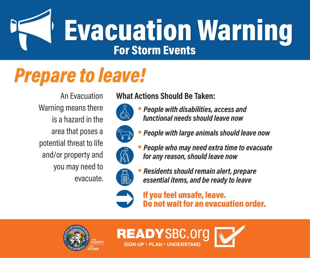 ⚠️ EVACUATION WARNINGS have been issued for parts of Santa Barbara County. These EVACUATION WARNINGS are due to an incoming storm arriving Saturday, February 3 through Tuesday, February 5.
📍 Info: ReadySBC.org