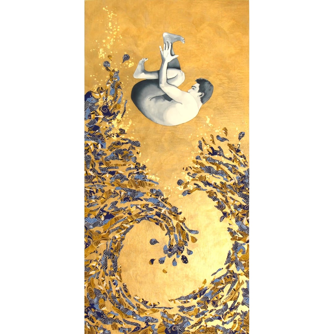 #fineart #collage My newest #artwork that will be part of #santabarbarafirstthursday March 7, 5-8 pm at Domecíl, 1223 State St. It's 18" x 36" collaged watercolor, handmade washi paper and gold leaf. See my previous work at tamatakahashi.com