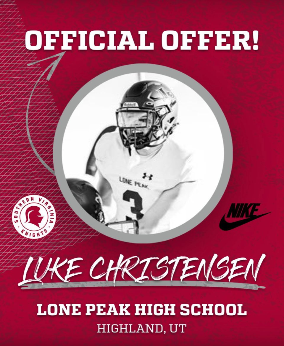 Luke Christensen (@lukechris_9) on Twitter photo Excited to receive my first college football offer this week from Southern Virginia University! Thank you so much <a href="/CoachJoeDuPaix/">Joe DuPaix</a>! Go knights <a href="/knight_ftbl/">SVU Knights Football</a> <a href="/BartBrockbank/">Bart Brockbank</a> <a href="/LPKnightsFB/">Lone Peak Knight Football</a> Excited to receive my first college football offer this week from Southern Virginia University! Thank you so much <a href="/CoachJoeDuPaix/">Joe DuPaix</a>! Go knights <a href="/knight_ftbl/">SVU Knights Football</a> <a href="/BartBrockbank/">Bart Brockbank</a> <a href="/LPKnightsFB/">Lone Peak Knight Football</a>