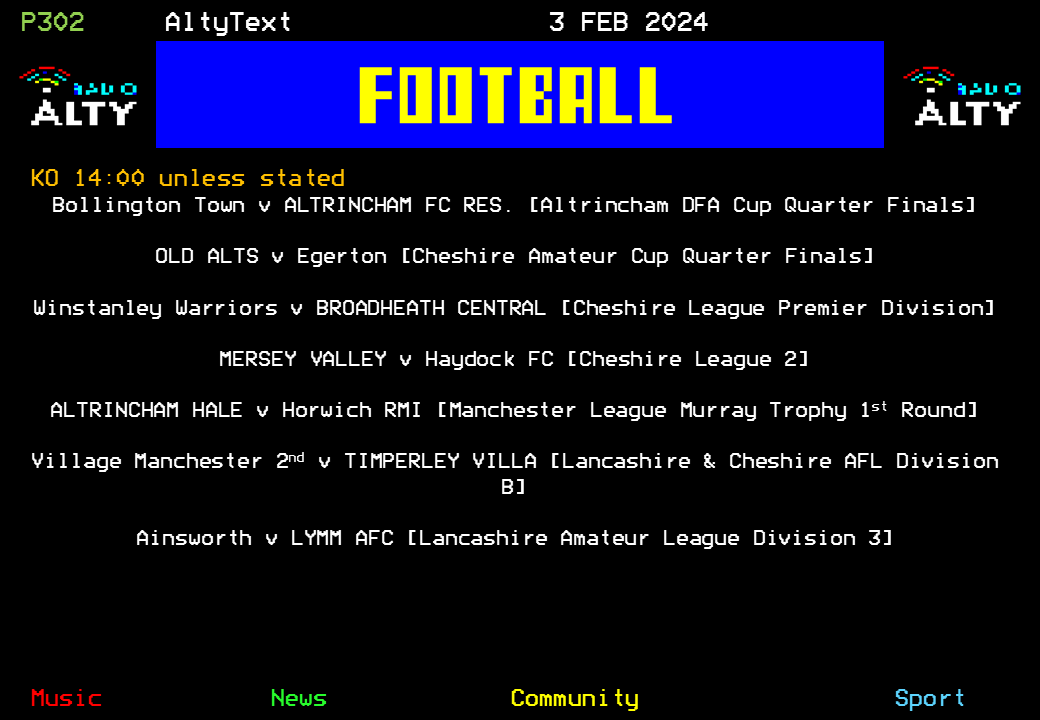 RadioAlty's tweet photo. #AltyText - Football. Here's today's fixtures for @AltrinchamRes, @Old_Alts and @AltrinchamHale in respective Cups, and league fixtures for @bcfc1922, @MVFC1stTeam,  @TimperleyVilla and @LymmAFC. #RadioAltySport https://t.co/yXIxAJ4xlB