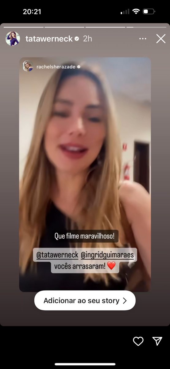 RachelSherazade's tweet photo. Quando seu story é repostado pela sua ídola. Obrigada por nos encantar sempre com sua doçura, humor e alegria genuína, @Tatawerneck ❤️ https://t.co/2DQXXwpDLn