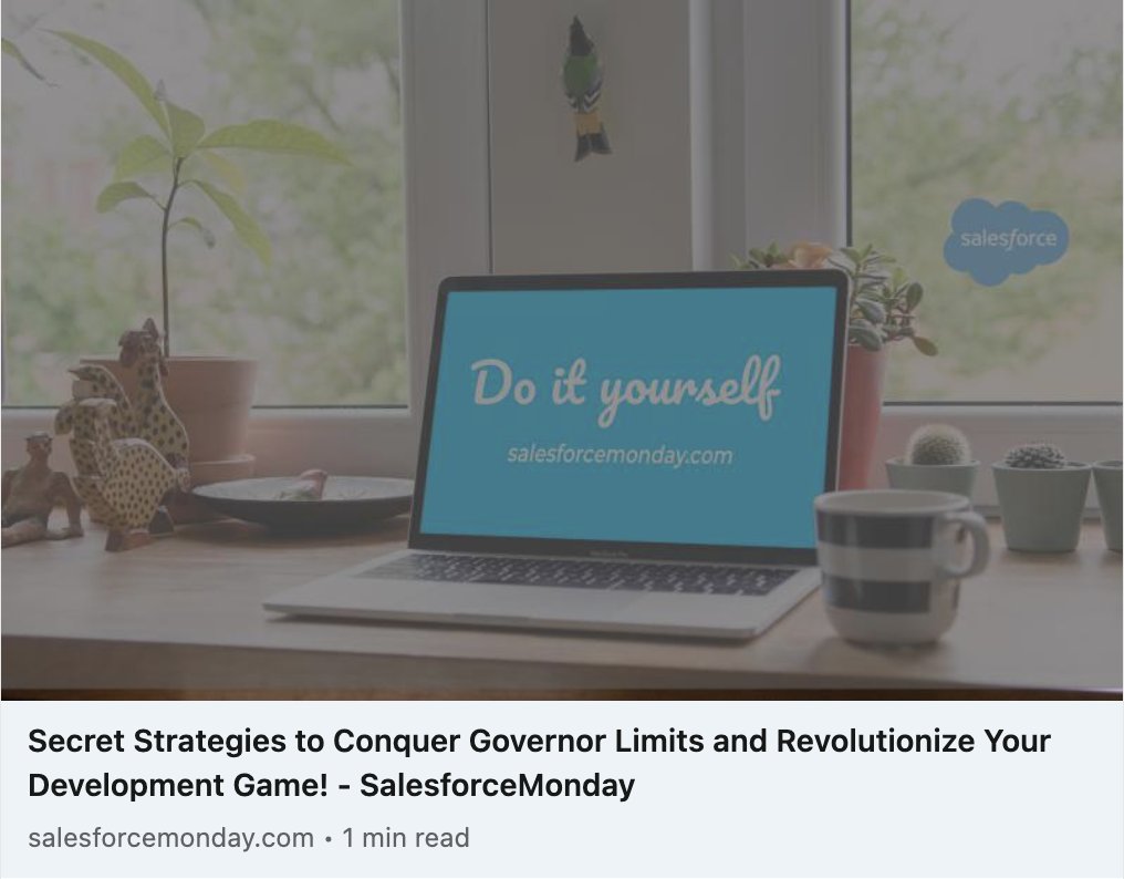 Learn the tricks to overcome <a href="/Salesforce/">Salesforce</a> Governor Limits and level up your development skills.
Read more: lnkd.in/gGJ8QvNj

#SalesforceDevelopers #SalesforceArchitects #Salesforce #Trailhead