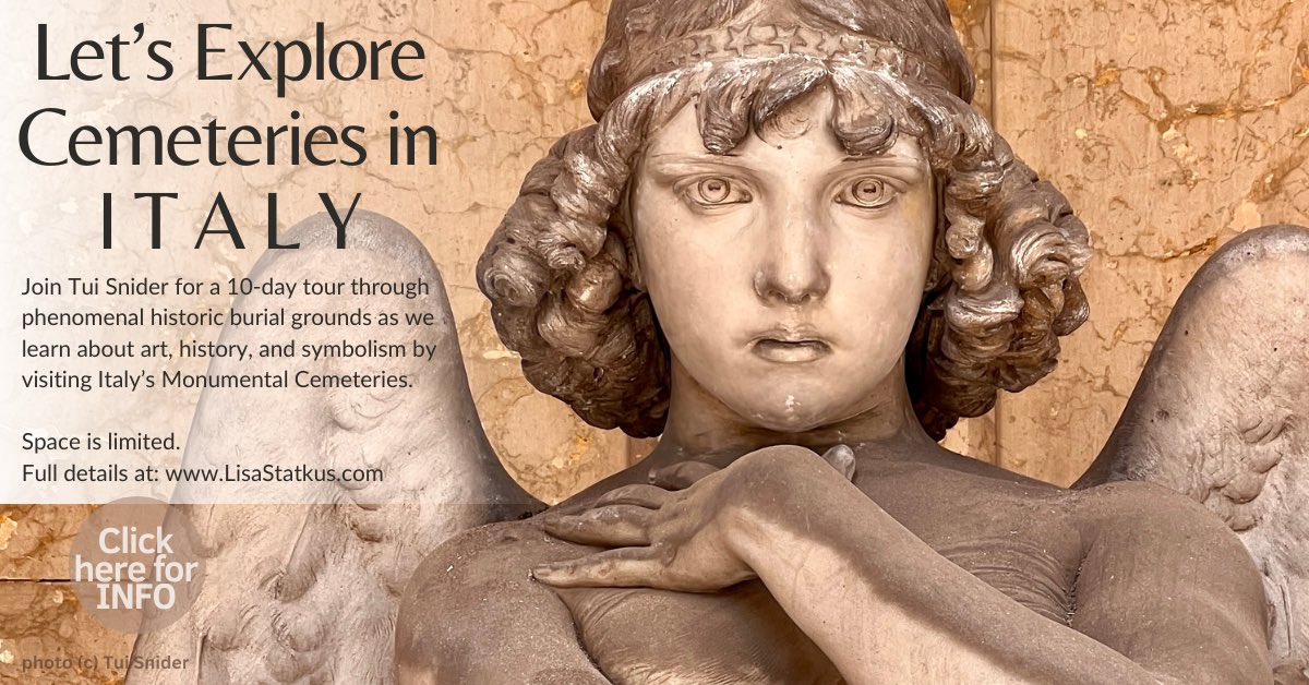 Exciting news! I'll be a guide to monumental cemeteries in Italy! Want to join me?

If so, check out: LisaStatkus.com
All the info is there.
And if you know any one who loves  cemetery art, symbolism, and history, please pass this along.

#cemetery #italy
