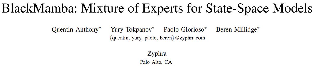 QuentinAnthon15's tweet image. State-space models (SSMs) like Mamba and mixture-of-experts (MoE) models like Mixtral both seek to reduce the computational cost to train/infer compared to transformers, while maintaining generation quality.

Learn more in our paper: zyphra.com/blackmamba