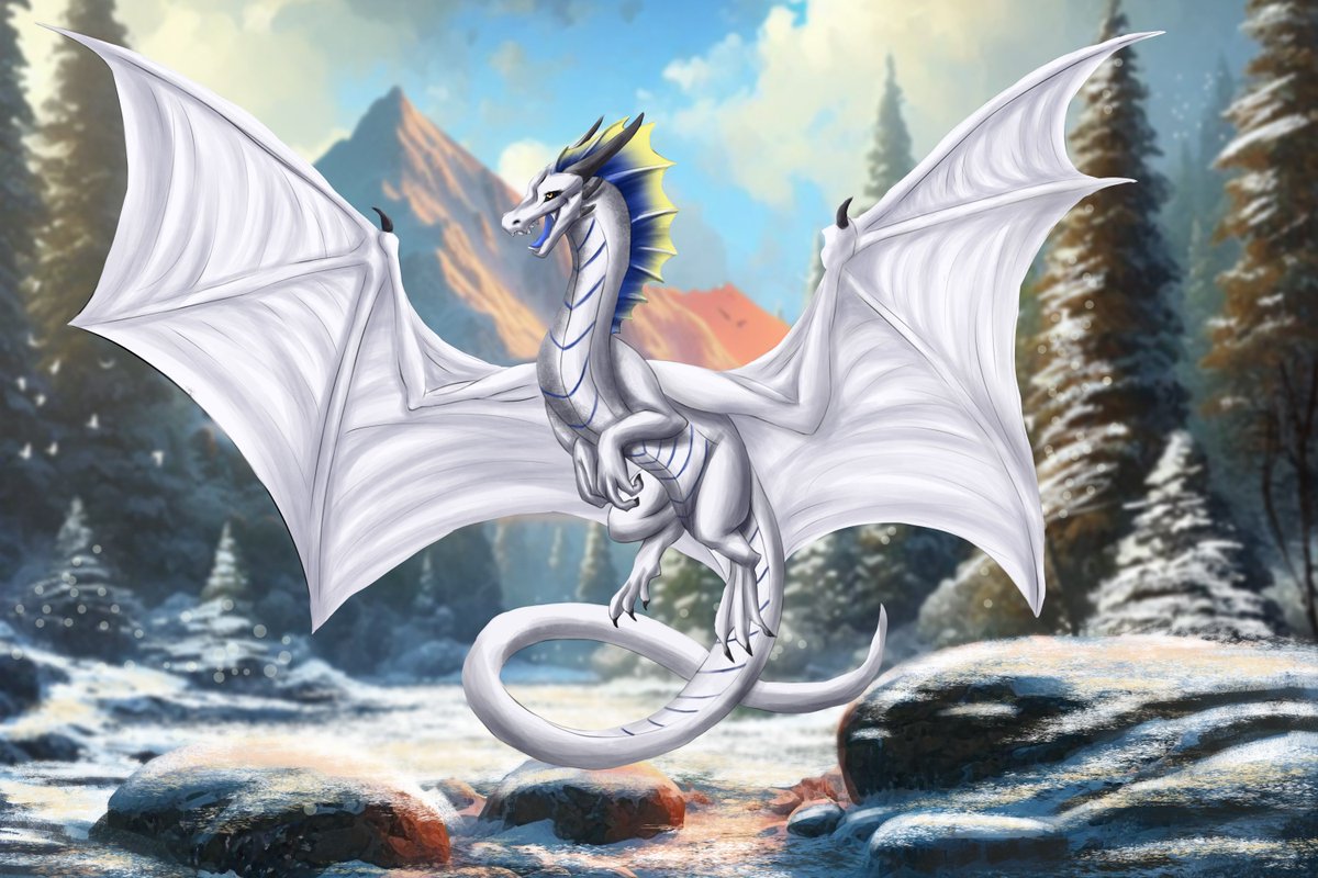 MillyArtistry11's tweet photo. The scene is one of peace and tranquility. The snow on the mountain peak is pristine, and the only sound is the wind whistling through the air
The commission did for @Amendelwyr ❤
#Commission #Digital #illustrator #Dragon #Secnery #Mountains #tree #lake https://t.co/xLLqLj93Cm