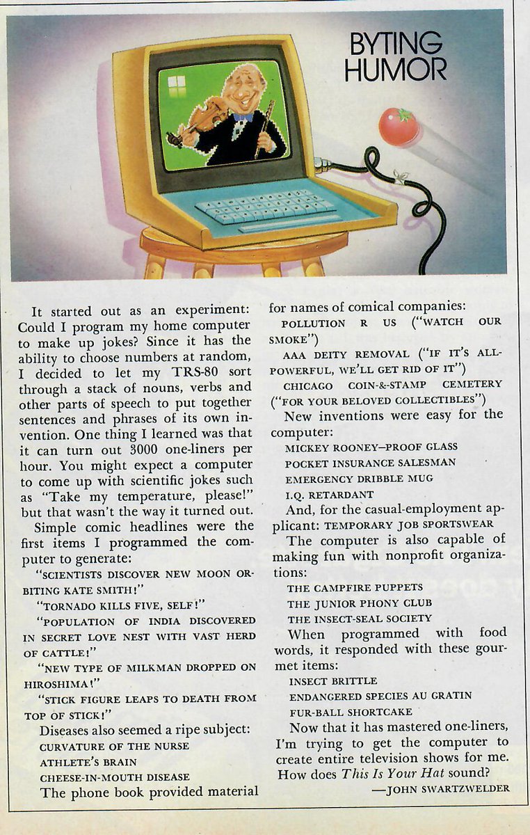 Who Invented AI? I Did!
Attn: @simpsons, <a href="/elonmusk/">Elon Musk</a>, <a href="/NobelPrize/">The Nobel Prize</a> 
As my friend David Schutten just reminded me, your favorite Simpsons writer is also a tremendous inventor. This article appeared in the Dec. 1982 issue of Playboy. It's the true birth of AI. Too late to get a prize?