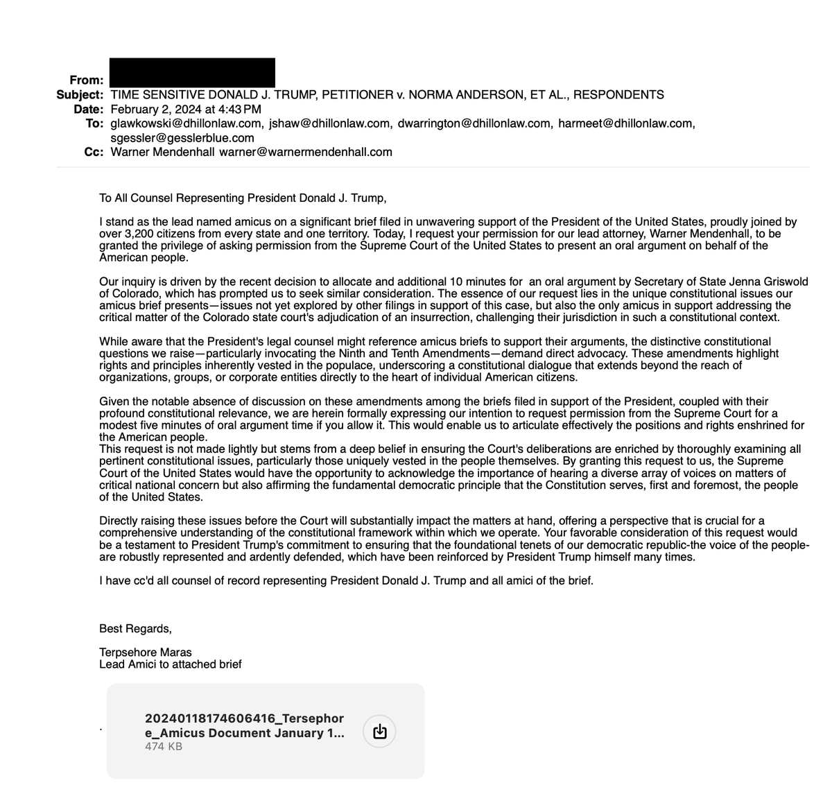 Please read the following correspondence if you are an amicus in our filing at the Supreme Court of the United States in support of President Donald J. Trump. #Iamanamic