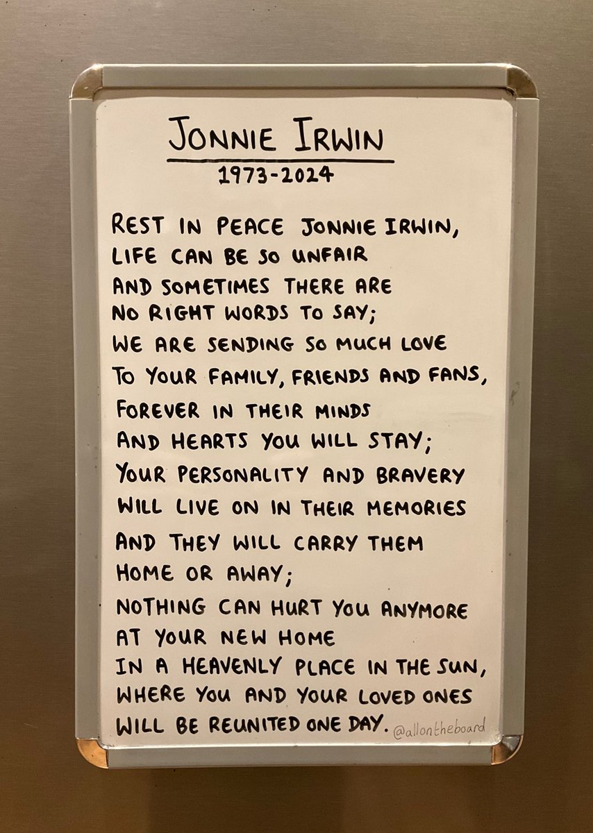 allontheboard's tweet image. Rest in peace Jonnie Irwin. 
You will be forever loved, always missed and never forgotten. 
Sending love to your family, friends and fans.

#JonnieIrwin
