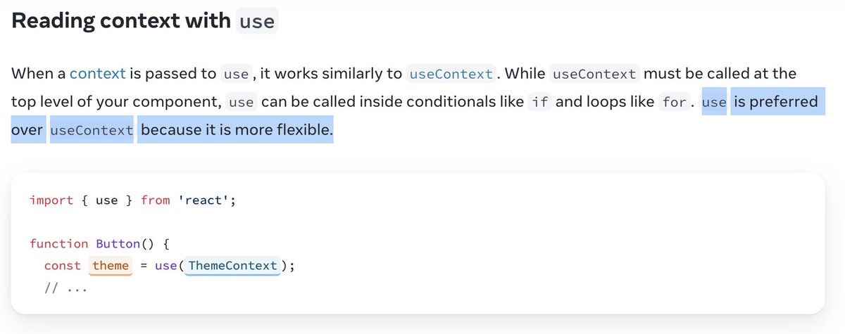 kentcdodds's tweet photo. Hey React team, am I reading between the lines on the "use" hook docs right? https://t.co/oG99RpjIlh

What I gather from this is going forward once "use" is released, useContext will be de-emphasized and there won't be a good reason to not use "use" instead. Right? https://t.co/j6aUJCamYu