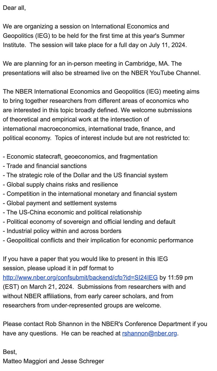 GCAProject's tweet photo. NEW NBER SUMMER INSTITUTE SESSION 

INTERNATIONAL ECONOMICS and GEOPOLITICS

Our directors @m_maggiori and @JSchreger will organize a new session on this topic on July 11th. See below the call for papers. https://t.co/LeFFpPvRxa