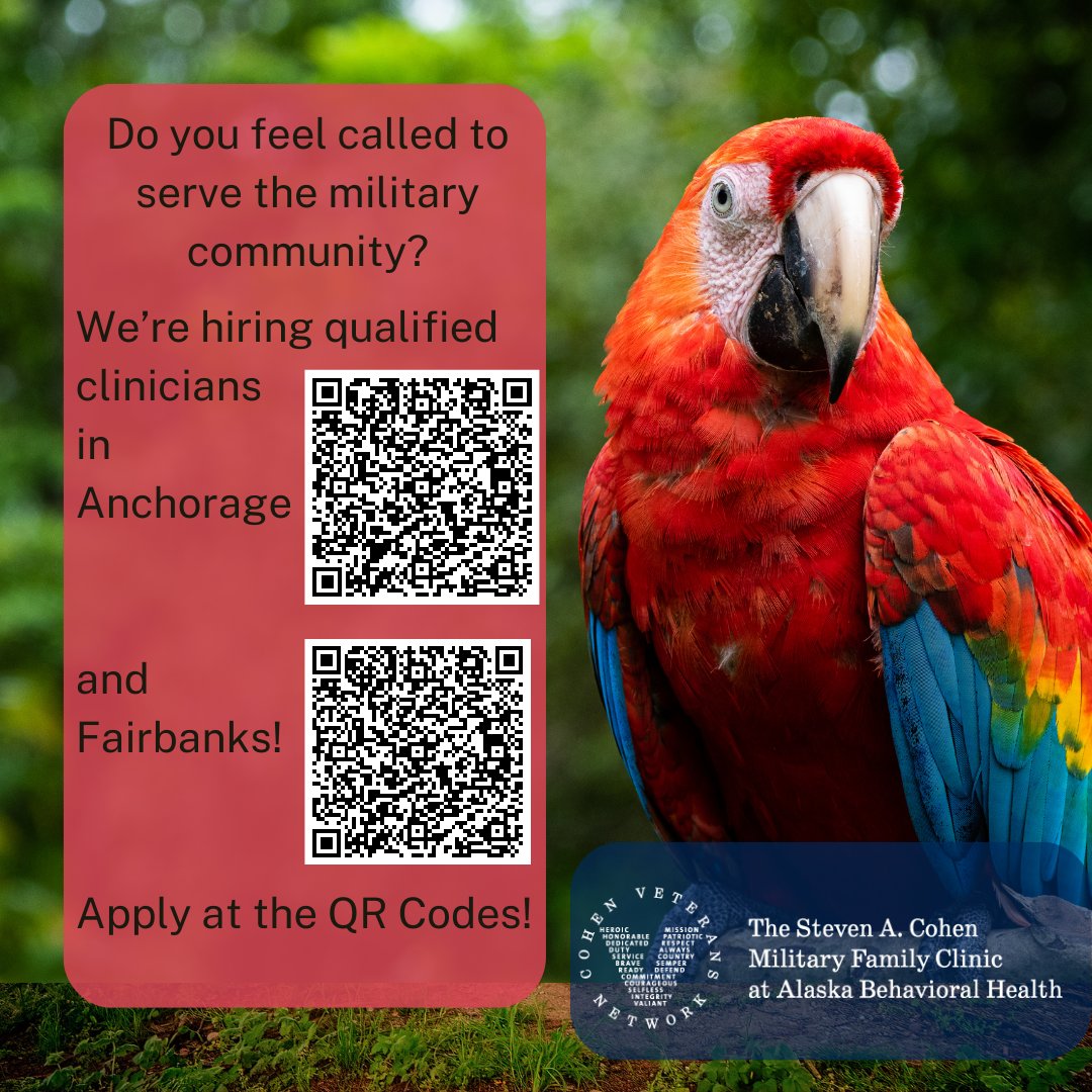 The Cohen Clinic at Alaska Behavioral Health is looking for clinicians in Anchorage and Fairbanks! Join this mission-driven team! 

Fairbanks: loom.ly/rxSx6PE
Anchorage: loom.ly/Z8uxLA4

#hiring #mentalhealth