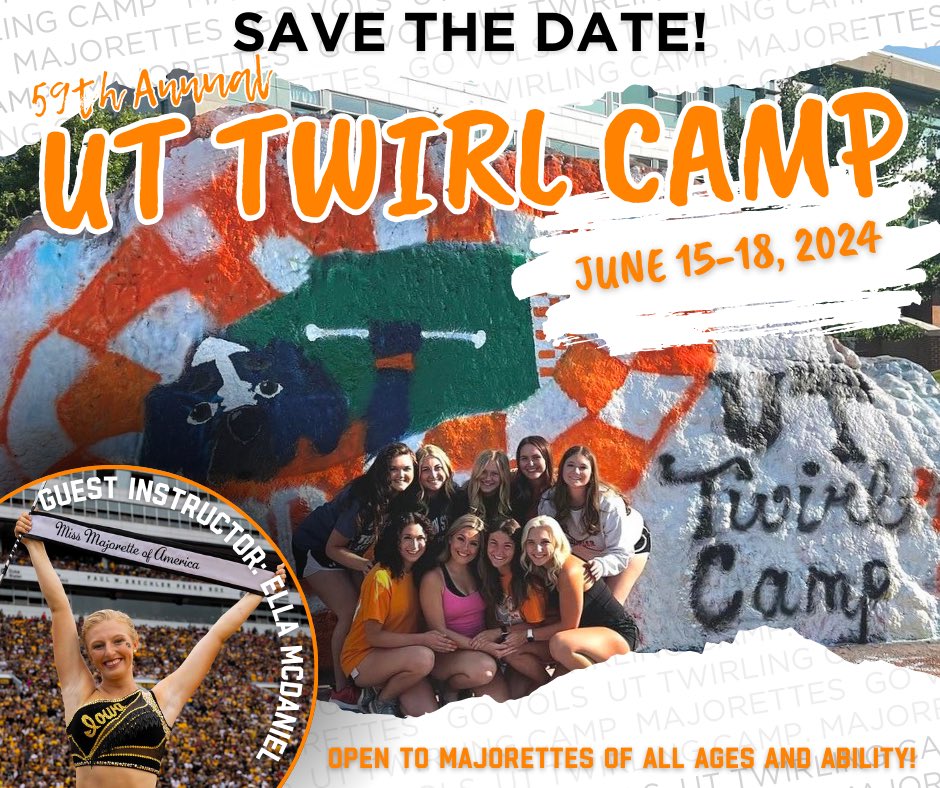 𝙎𝙖𝙫𝙚 𝙏𝙝𝙚 𝘿𝙖𝙩𝙚! It’s time to mark your calendars for the 59th Annual UT Twirl Camp which will be held June 15-18, 2024! Registration will be coming soon!