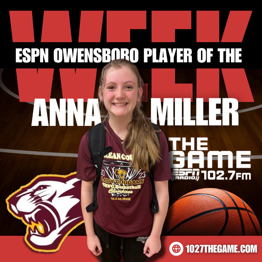 1027TheGame's tweet image. Your ESPN Owensboro Player of the Week is McLean County’s Anna Miller! #TheGame 🔥🏀 

Cougar fans showed up &amp;amp; out for Anna with 956 votes! Well deserved! #supportlocalathletes 🙌🏻