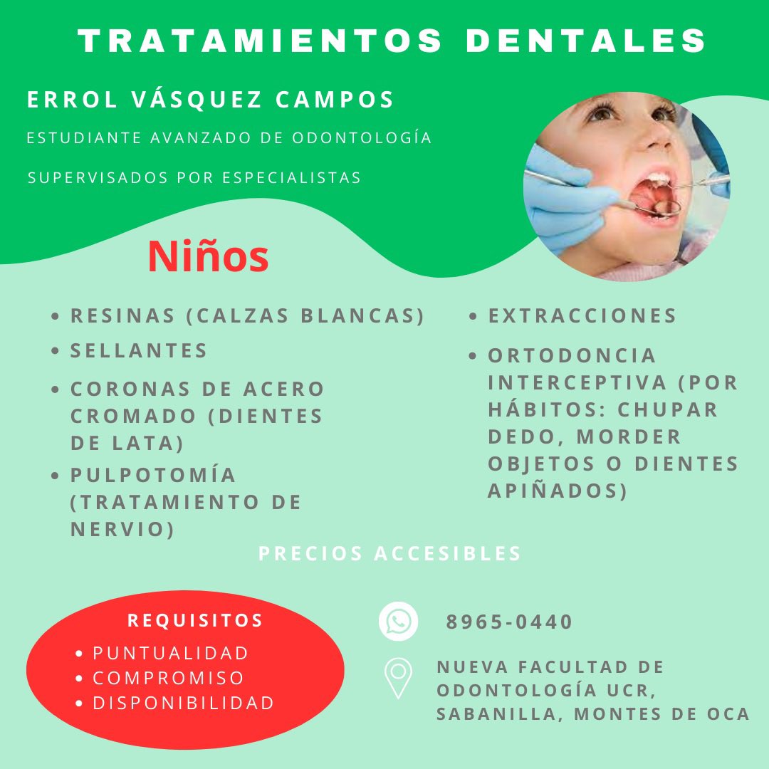 Hola, durante este año voy a estar realizando los siguientes procedimientos dentales tanto en adultos como en niños (5-12 años) 🦷
Si están interesad@s me pueden contactar y de igual manera les agradezco si comparten la información a sus familiares y conocidos ‼️
