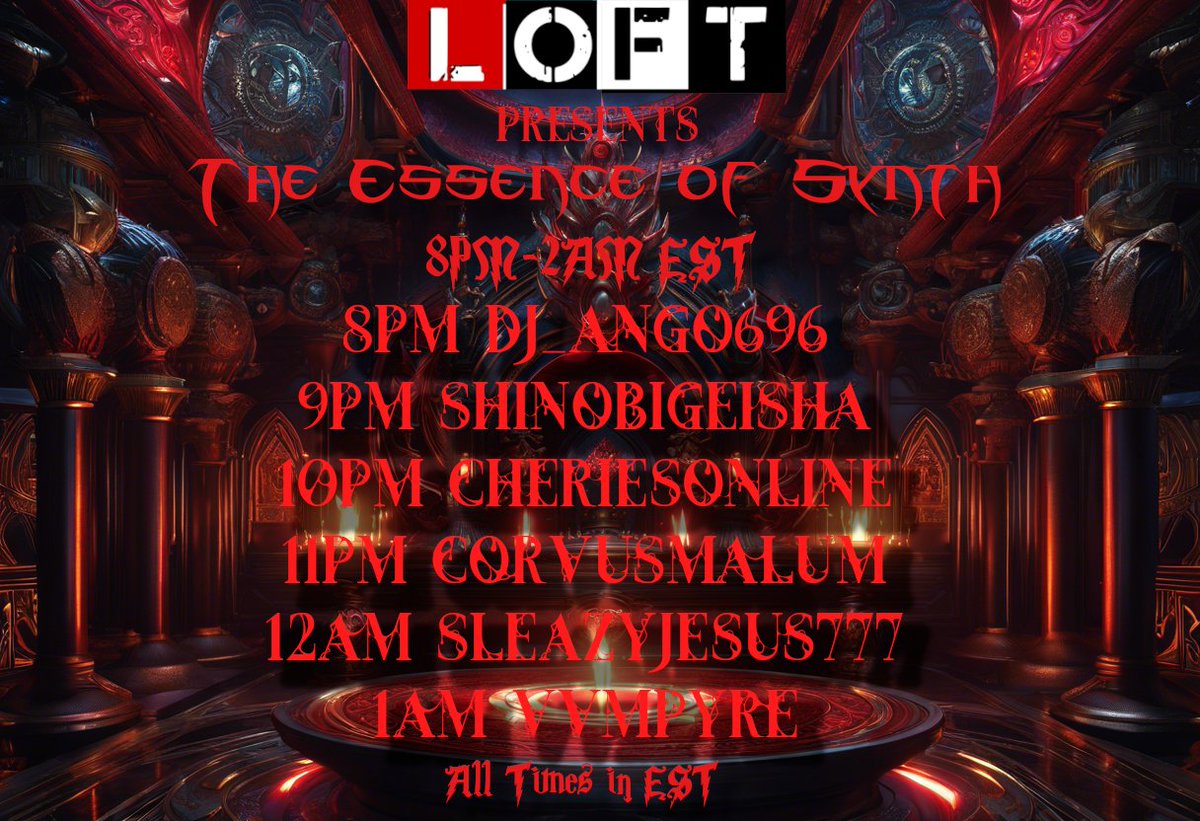 Less than an hour til The Essence of Synth kicks off! I will be ending the event with BRUTAL Darksynth tunes from:
@connor_retro 
@cffndrggr 
@venturersynth 
@davdralleon 
@Oddersound 
@Draven1980s 
& more, so be sure to tune in on Twitch starting with... twitch.tv/dj_ango696