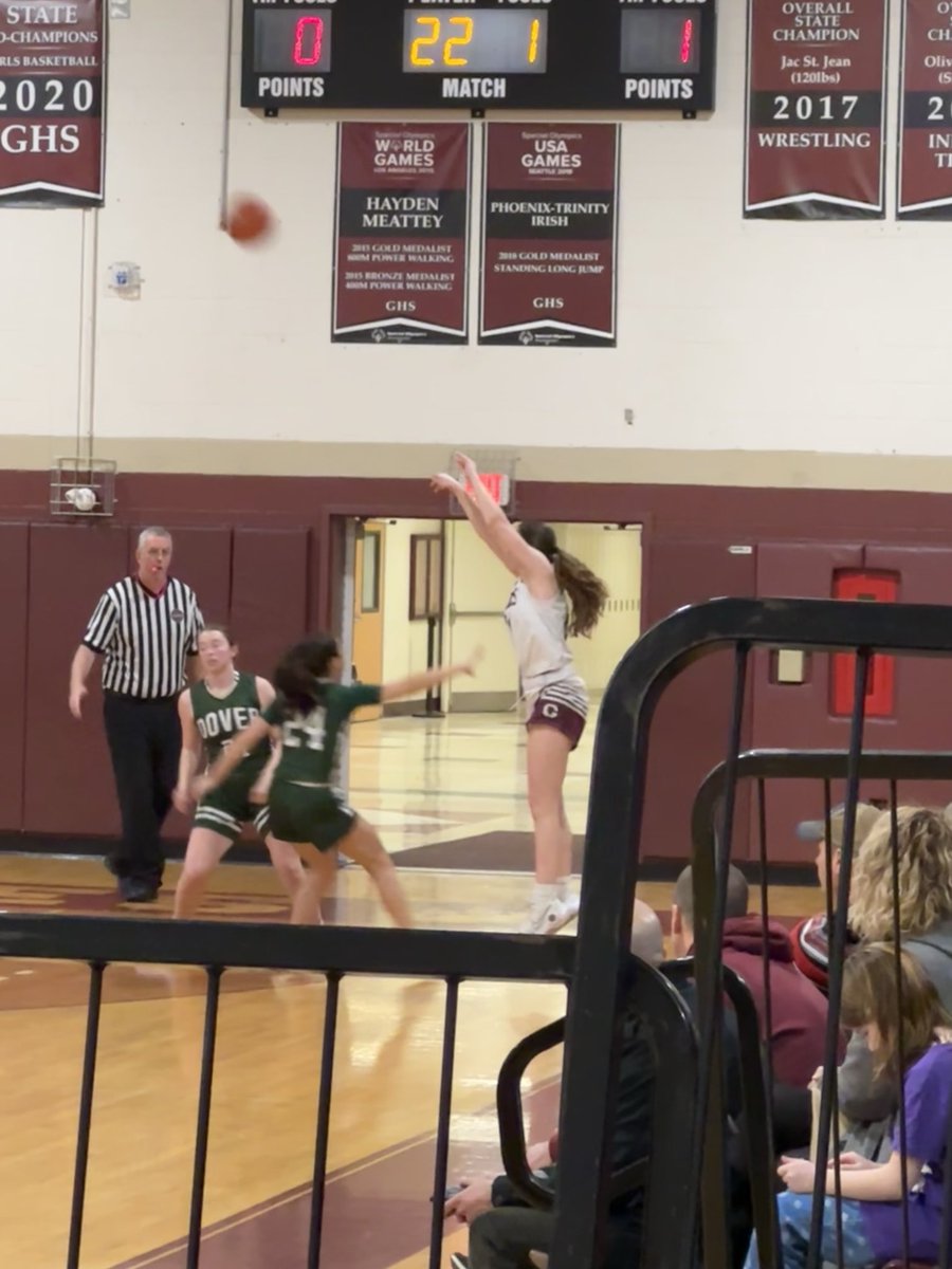 Grizzlies junior Meredith Winterburn knocking down a three from the corner during first quarter action vs Dover tonight.  After one, Goffstown leads 12-5.