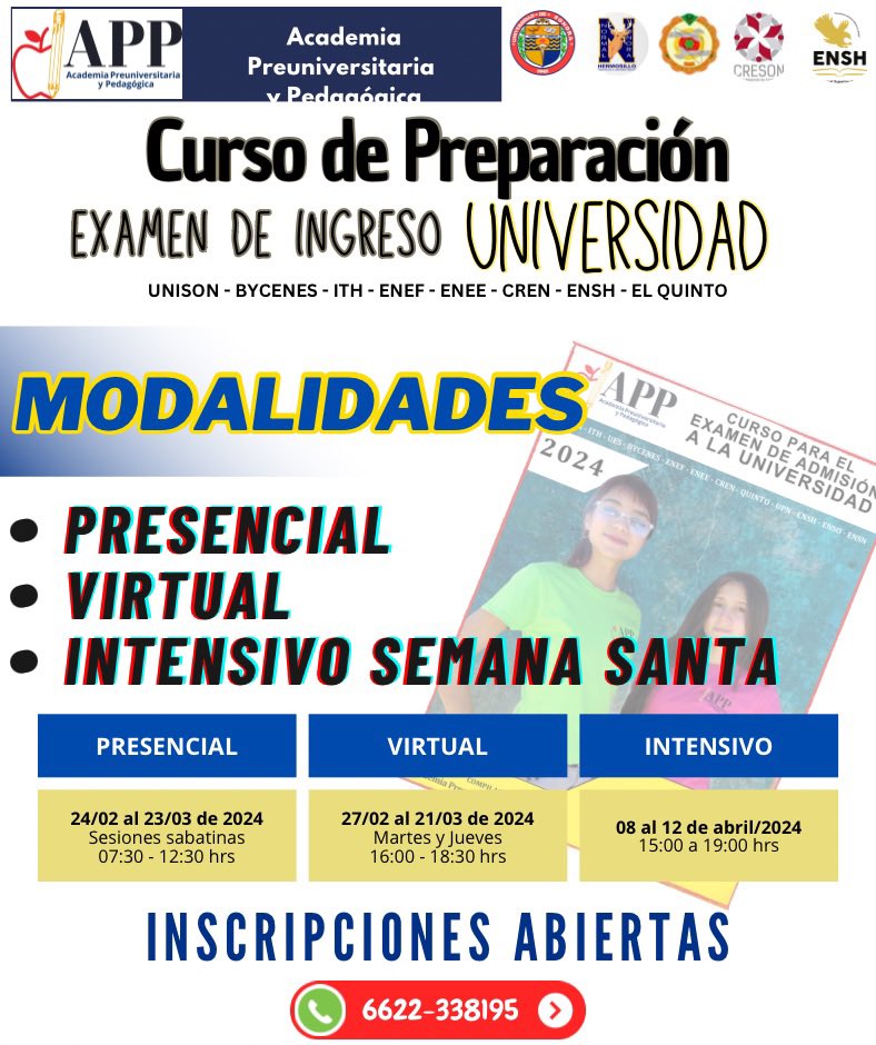 Todos los alumnos del 6° semestre de prepa en Sonora, están buscando decidir la carrera que estarán cursando en pocos meses…

Ven con nosotros, la Academia Preuniversitaria y Pedagógica y prepárate  para el examen de Admisión EXANI II, para la UNISON y las escuelas Normales.