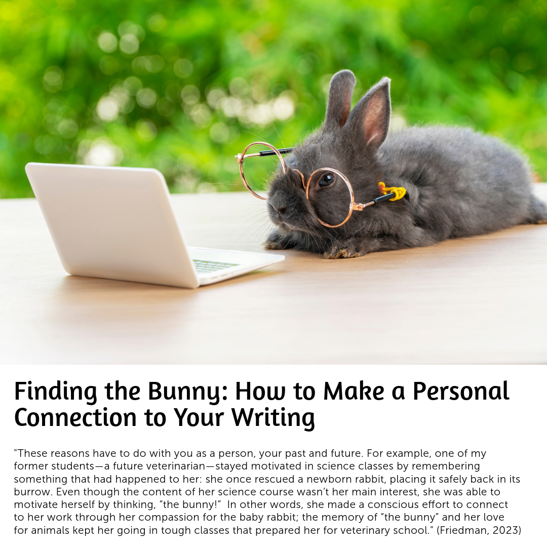 WritingCommons's tweet image. In "Finding the Bunny: How to Make a Personal Connection to Your Writing", Sandie Friedman introduced some strategies to make a personal and meaningful connection to writing, which will help writers maintain motivation and desire to write. 

writingcommons.org/section/invent…