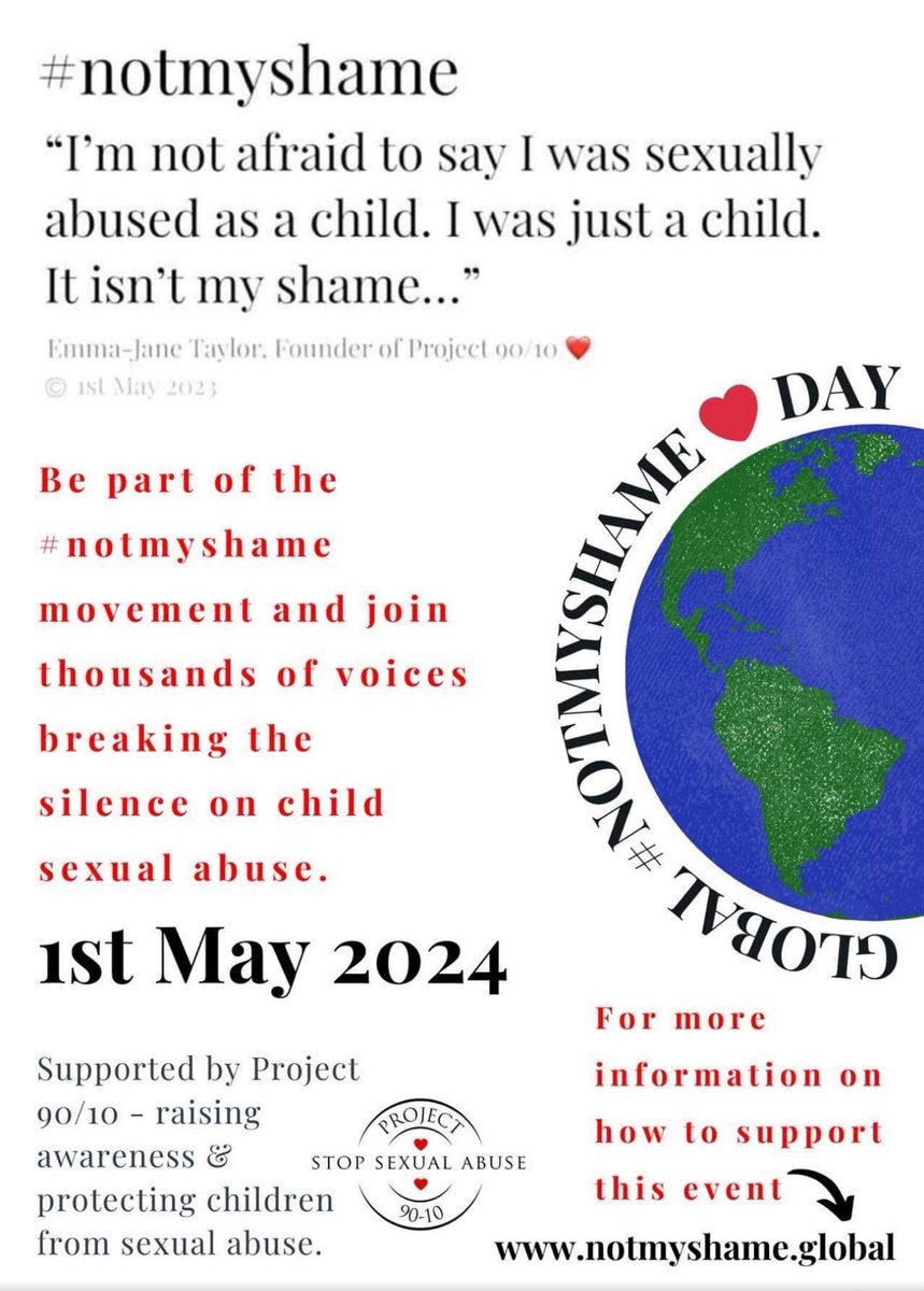 GLOBAL AWARENESS DAY FOR SURIVORS OF CSA. On the 1st May 2024 our NotMyShame global movement will mark the power of authentic voices from around the world, turning the tables on the silence and shame facing the world on the conversation of CSA. notmyshame.global