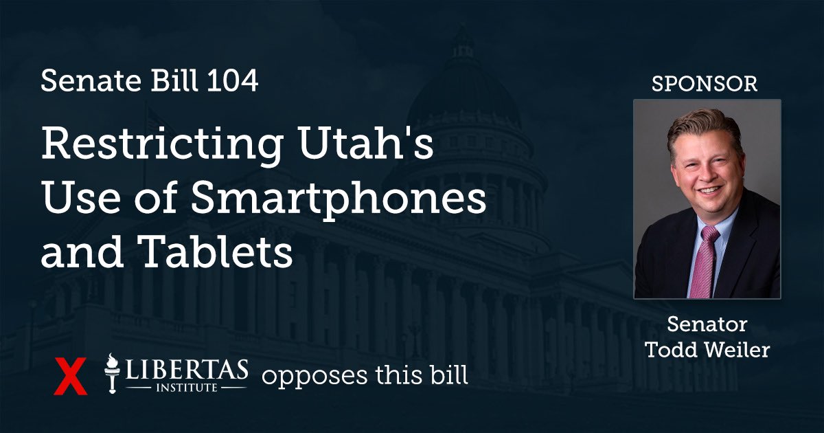 Libertas's tweet photo. SB 104 limits Utahns' smartphone freedom by mandating age verification with IDs. Instead of enhancing parental controls, it curtails First Amendment rights.
We say NO to SB 104 in Utah- learn more here: https://t.co/88DUTggkkK
#utpol #utahleg #FirstAmendment https://t.co/bYdfAa62jz