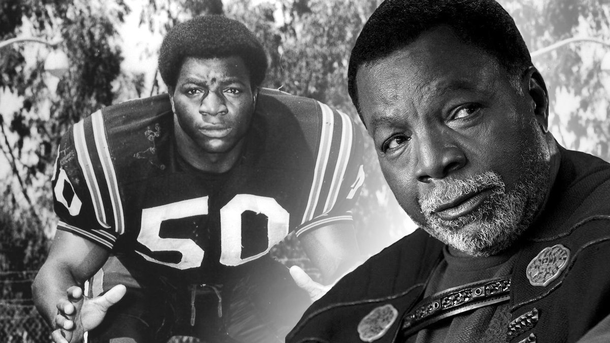 Carl Weathers in his football uniform, and as Greef Karga in "The Mandalorian."