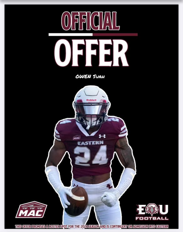 Owen Suah ll (@owensuah_) on Twitter photo Beyond Grateful and blessed to receive an offer from Eastern University. <a href="/coachEClark/">Eric Clark</a> <a href="/EUEaglesFB/">Eastern University Football</a> Beyond Grateful and blessed to receive an offer from Eastern University. <a href="/coachEClark/">Eric Clark</a> <a href="/EUEaglesFB/">Eastern University Football</a>