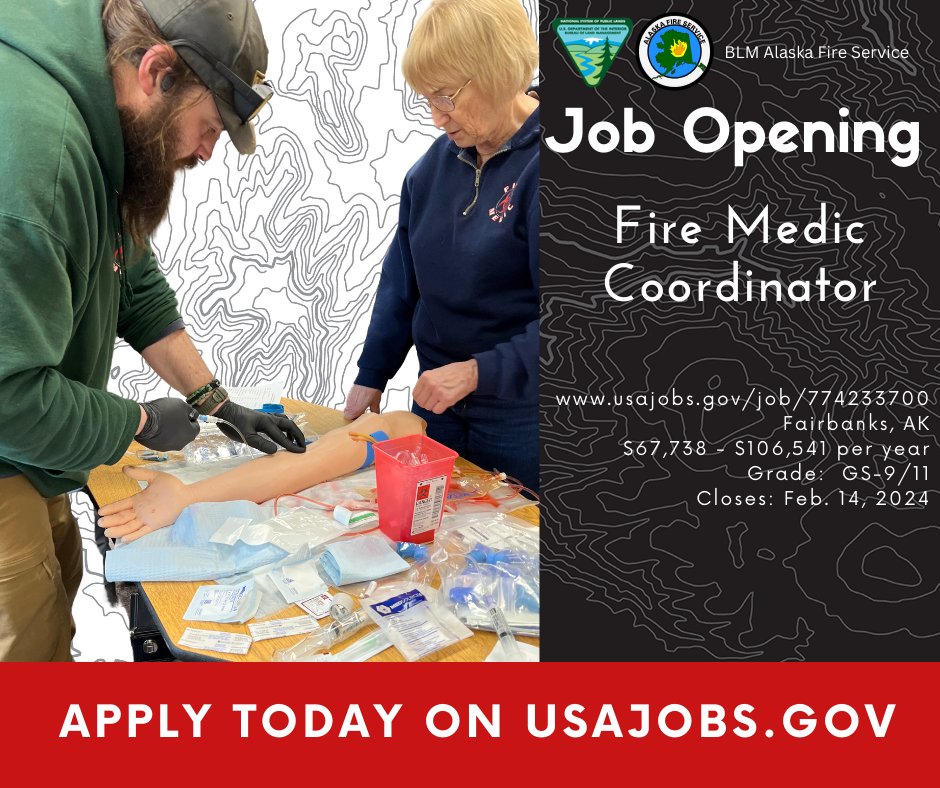 ❗❕Now hiring the BLM AFS Fire Medic Coordinator (GS-9/11) position located in Fairbanks AK. #FireJob #NotYourOrdinaryJob
💵$67,738 - $106,541 yr
📝 Apply by 2/14 👉 usajobs.gov/job/774233700 
To learn how to navigate and apply on USAJOBS 👉 bit.ly/3loSfSo