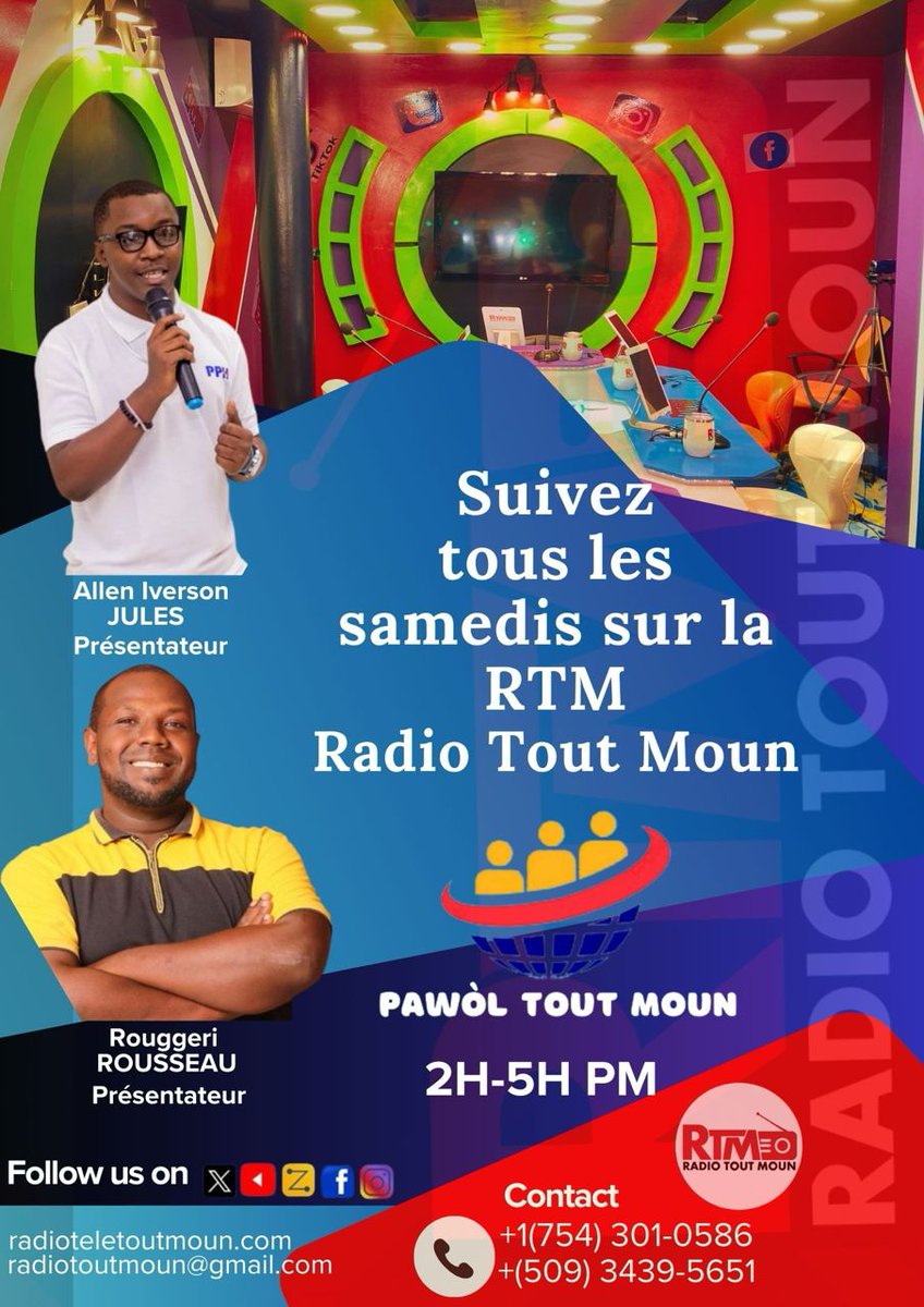 Jerry1Buzz's tweet photo. 📌 Pour mieux comprendre l'actualité politique, suivez tous les samedis de 2h à 5h PM sur la @radiotoutmoun avec Allen Iverson Jules &amp; @RousseauRougger l'émission "Pawòl Tout Moun". Le rendez-vous à ne pas rater! #RTM #Haiti https://t.co/0z5BA4g5qz