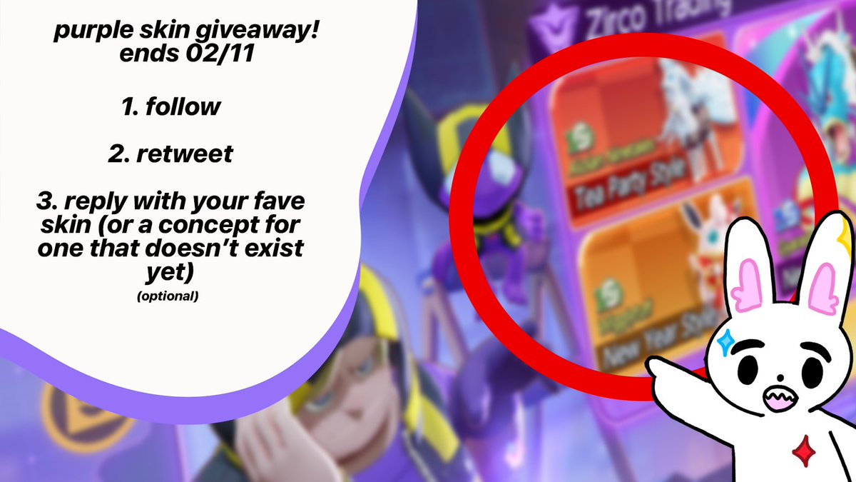 tekkaguyaa's tweet image. hi to the #PokemonUNITE community!!

as seen below, i'm hosting a giveaway for a purple skin. the winner will get the equivalent value to use in unite to get that sweet sweet fit of their choosing. 

follow and RT to enter. the winner will be chosen on the 11th!! good luck 🫶