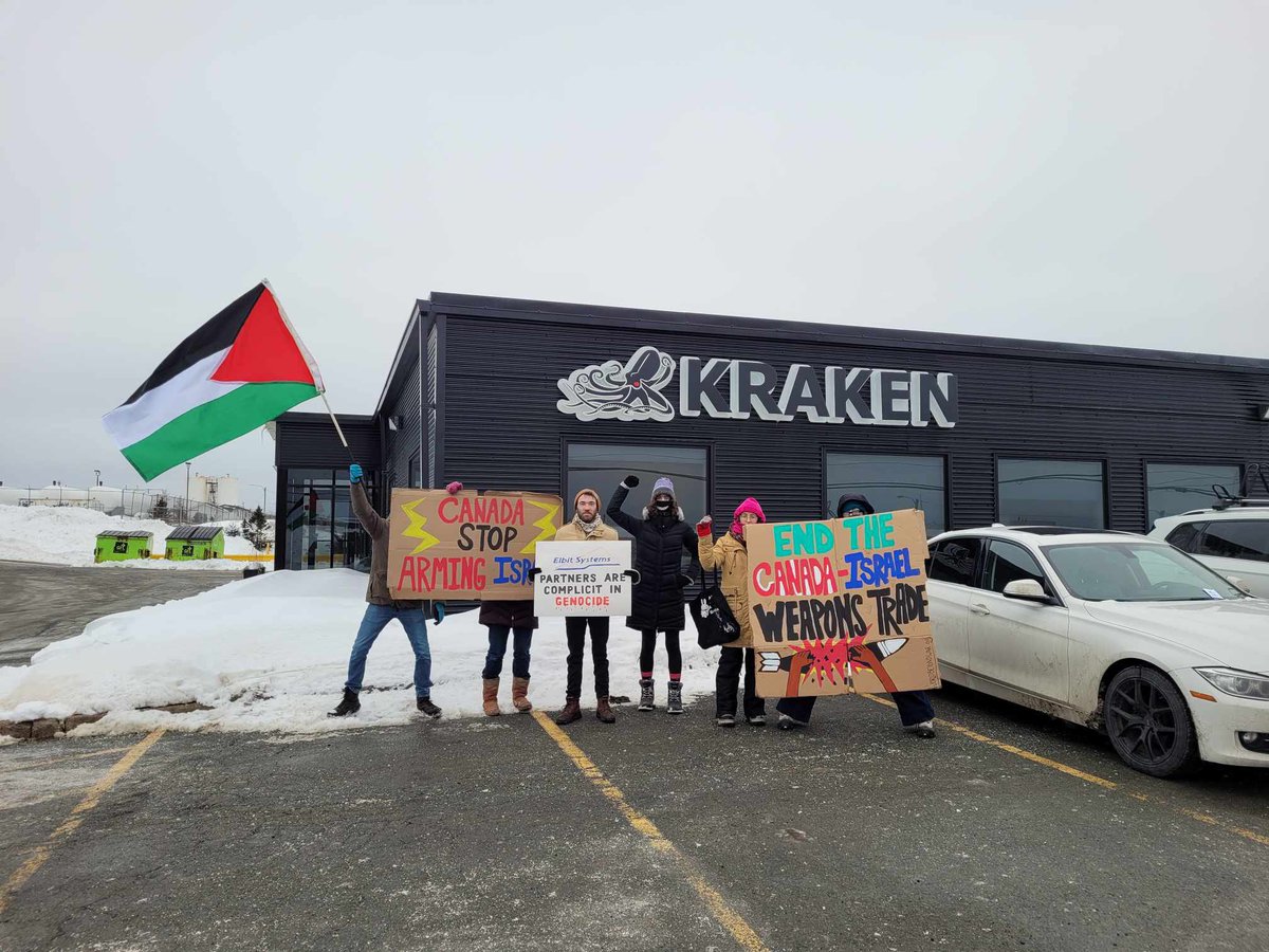 ICYMI a slew of powerful actions demanding Canada stop arming genocide took place this week, including an office occupation on Wednesday of @AwzVentures, a shutdown of the Vancouver port on Thursday, and today, a blockade of @magellanaero in KW & picket at @KrakenRobotics in NL🔥